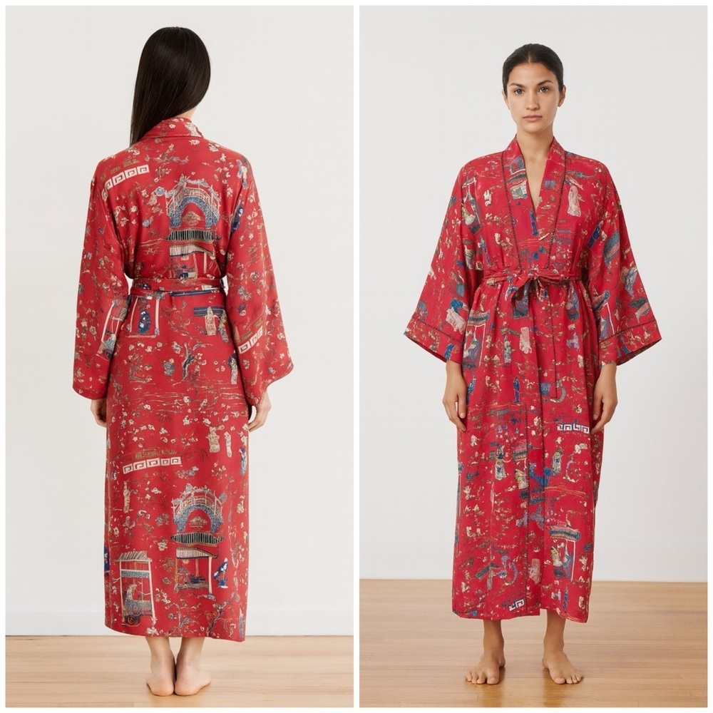 EUC Vintage Natori Chinoiserie Asian Chinese garden Patterned Lounge Robe Small‌